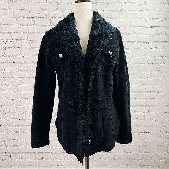 Vintage 90s Wilsons Leather Maxima Black Suede Sherpa Faux Fur Quilted Jacket - Picture 3 of 14